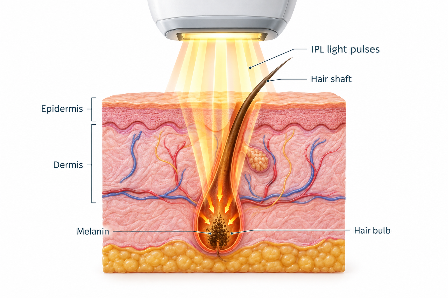 Diagram showing how IPL light energy targets melanin in a hair follicle during IPL hair removal