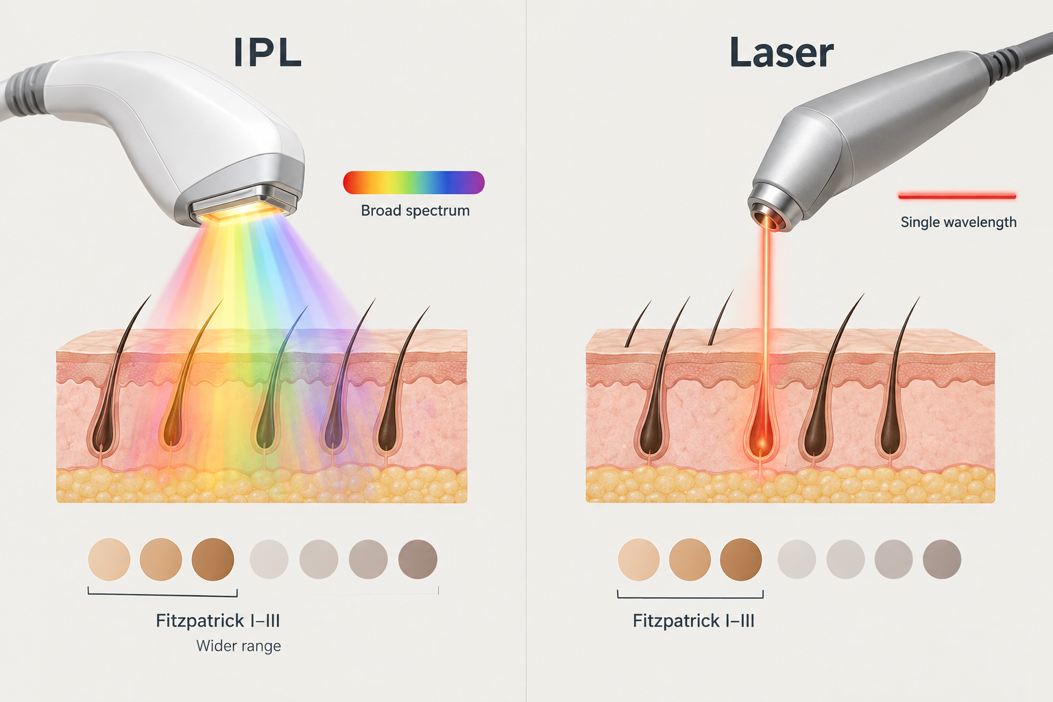 Side-by-side comparison of IPL broad-spectrum light versus single-wavelength laser hair removal
