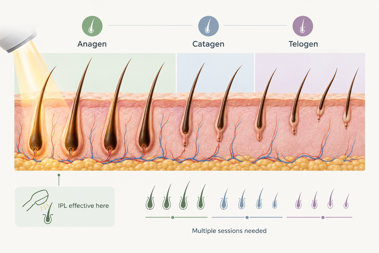 Infographic showing hair growth cycle phases and why IPL requires multiple treatment sessions