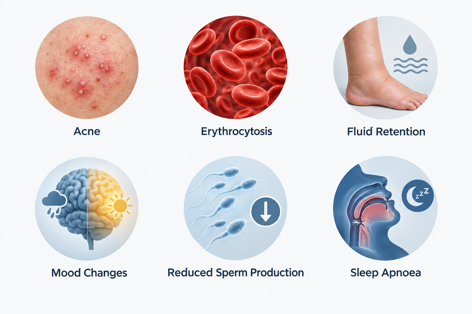 Illustration of common TRT side effects including acne, erythrocytosis, fluid retention, and