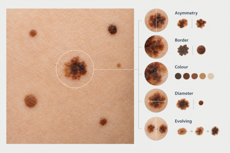 Illustration of moles on skin showing ABCDE warning signs for melanoma assessment