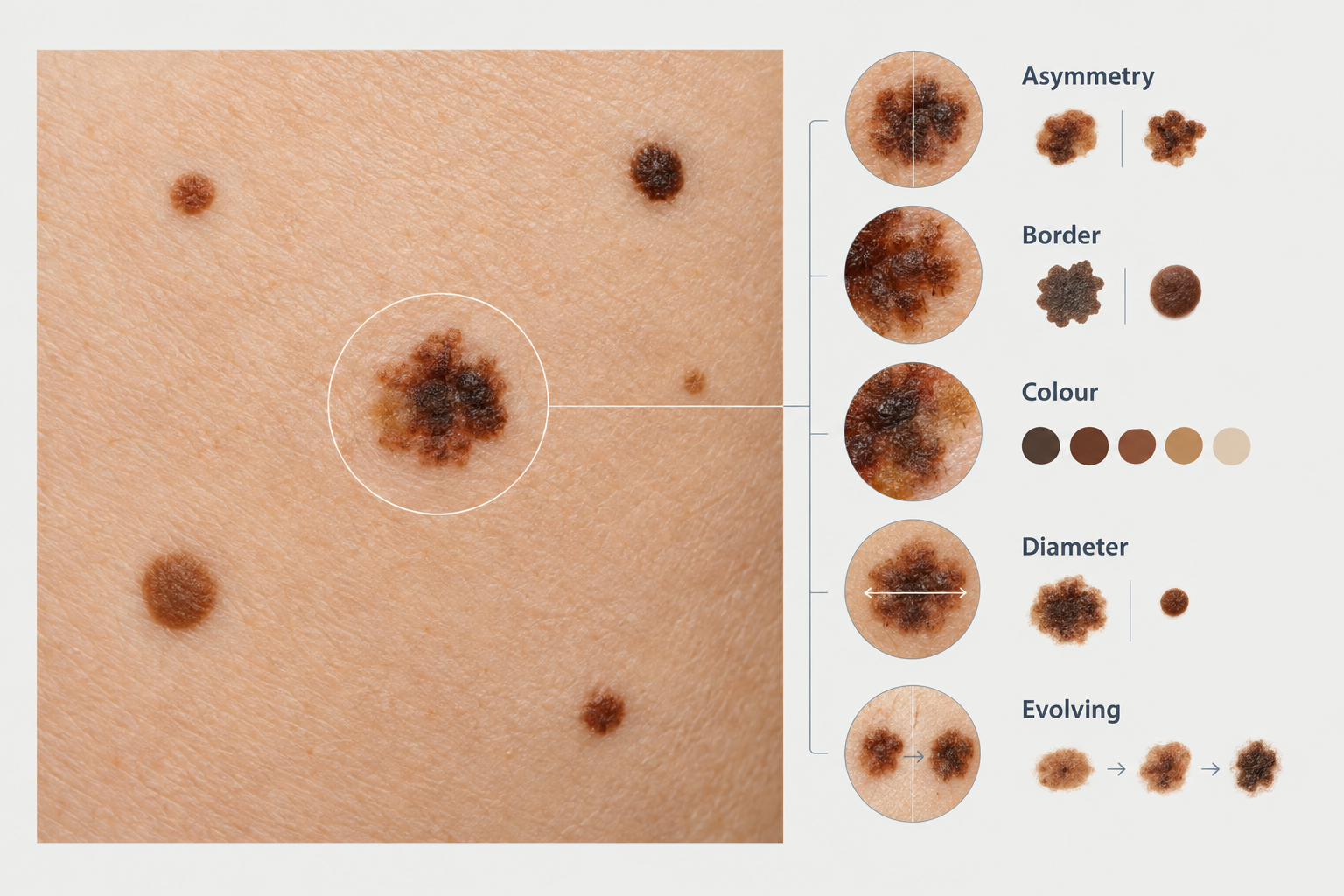 Illustration of moles on skin showing ABCDE warning signs for melanoma assessment
