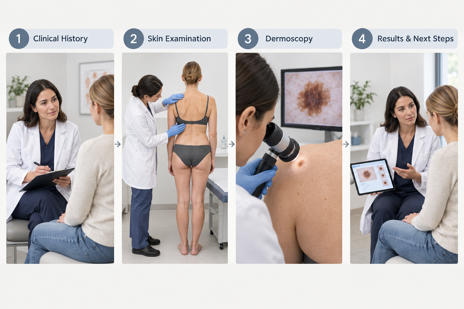 Four-step process of a professional mole assessment from consultation to dermoscopy and results