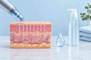 Illustration of skin microchannels after microneedling with gentle cleanser and water