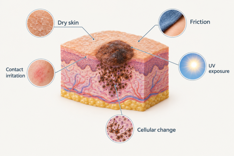 Illustration of skin cross-section showing a mole with labelled causes of itching